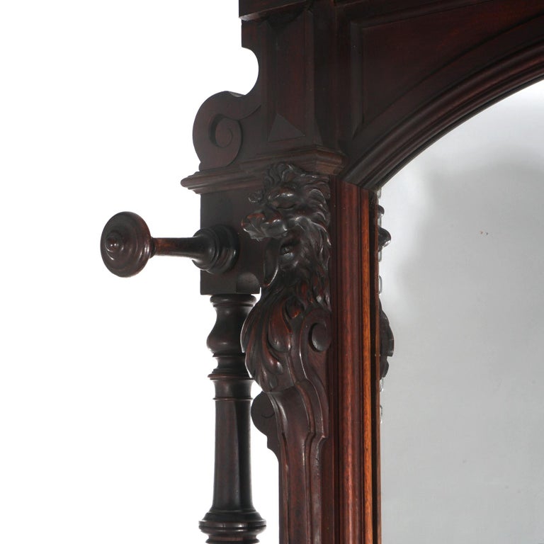Antique Renaissance Revival Carved Walnut Figural Marble Top Hall Tree c1880