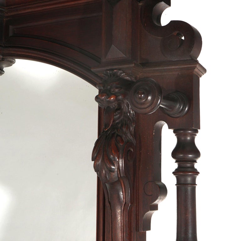 Antique Renaissance Revival Carved Walnut Figural Marble Top Hall Tree c1880