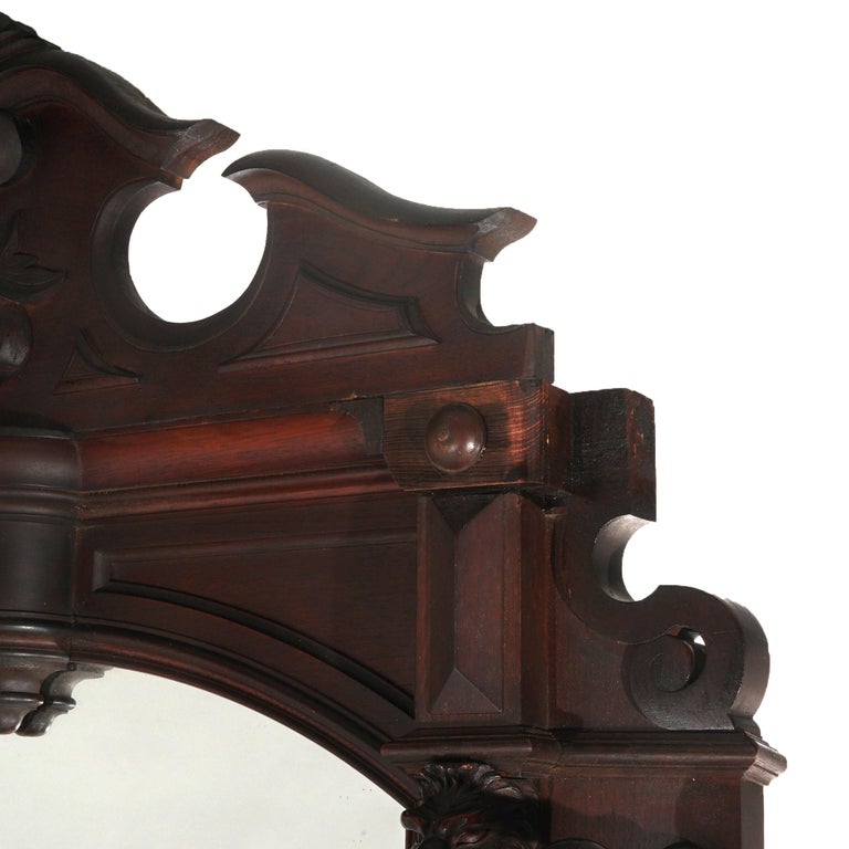 Antique Renaissance Revival Carved Walnut Figural Marble Top Hall Tree c1880