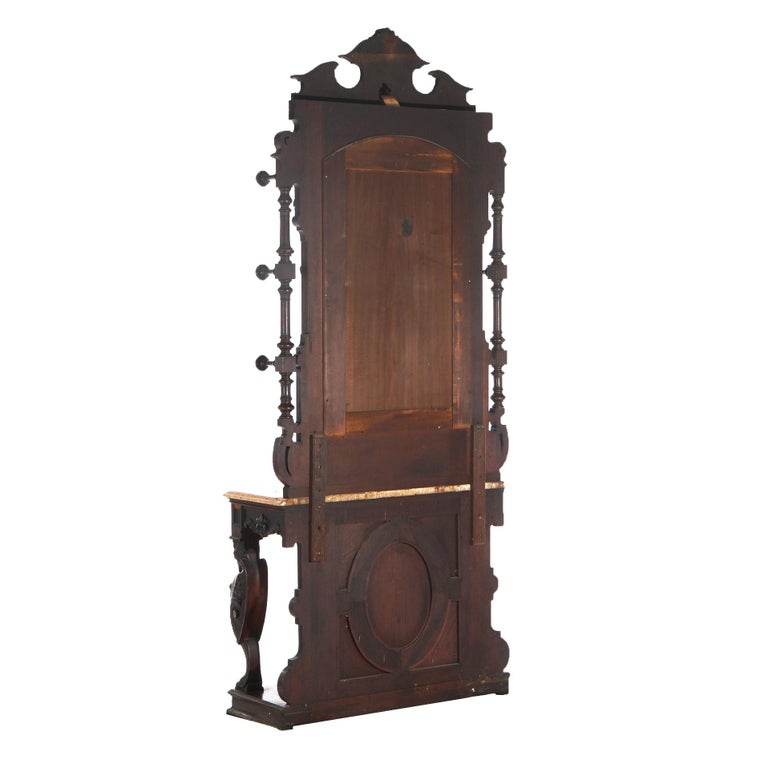 Antique Renaissance Revival Carved Walnut Figural Marble Top Hall Tree c1880