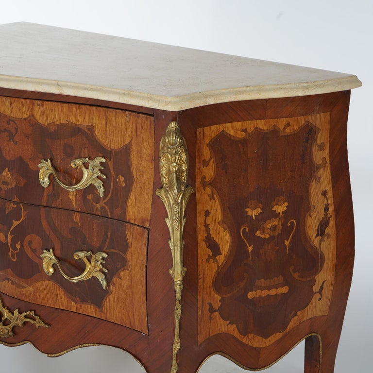 Antique Louis XV Style Marble, Ormolu, Satinwood & Kingwood Inlaid Commode 20thC