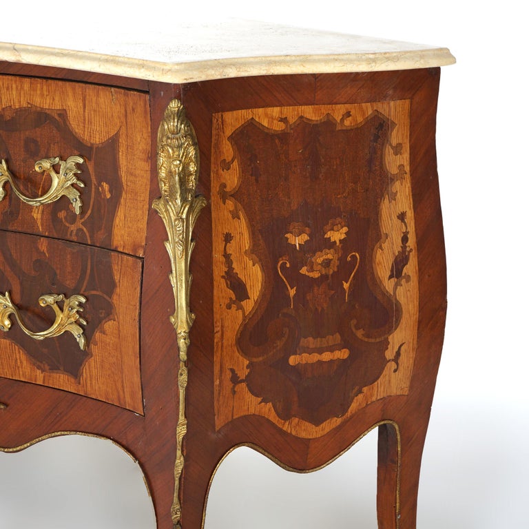 Antique Louis XV Style Marble, Ormolu, Satinwood & Kingwood Inlaid Commode 20thC