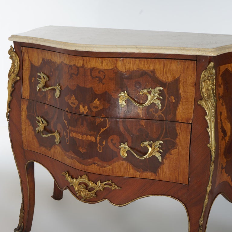 Antique Louis XV Style Marble, Ormolu, Satinwood & Kingwood Inlaid Commode 20thC