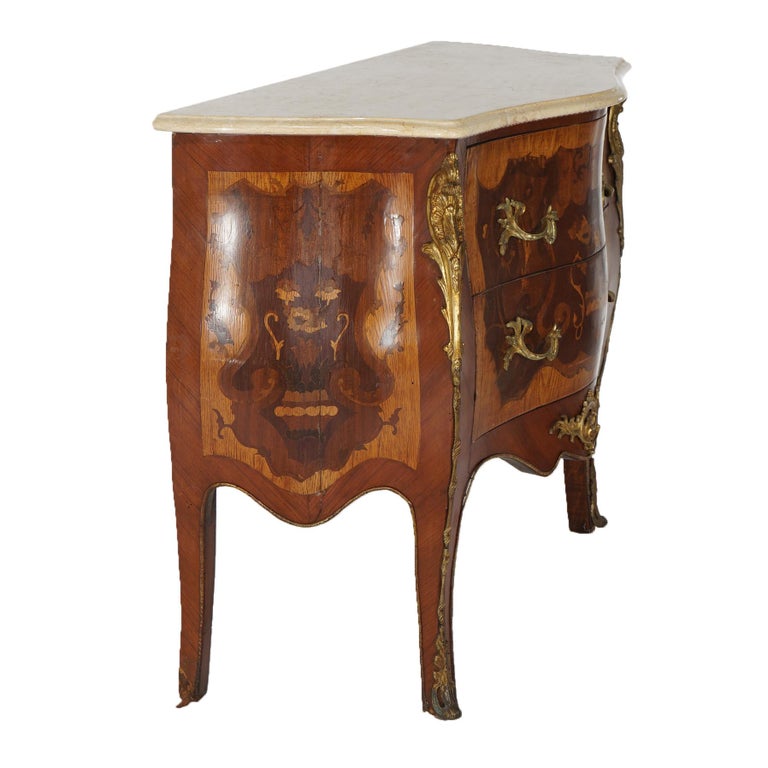 Antique Louis XV Style Marble, Ormolu, Satinwood & Kingwood Inlaid Commode 20thC