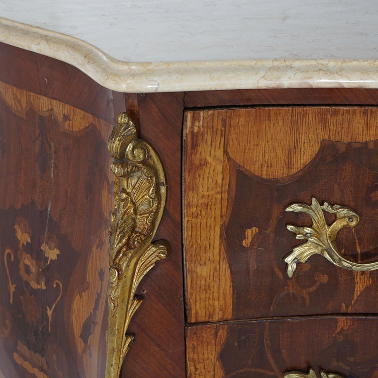 Antique Louis XV Style Marble, Ormolu, Satinwood & Kingwood Inlaid Commode 20thC