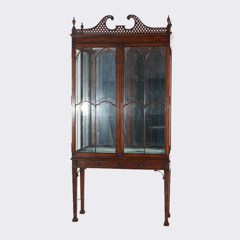 Chinese Chippendale Mahogany China Cabinet with Reticulated Crest 20thC