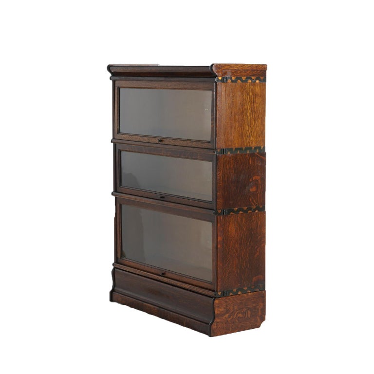 Antique Macey Arts & Crafts Three-Stack Oak Ogee Base Barrister Bookcase C1920