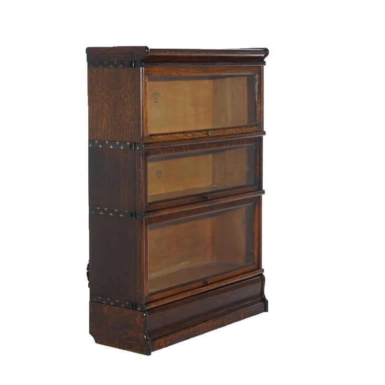 Antique Macey Arts & Crafts Three-Stack Oak Ogee Base Barrister Bookcase C1920