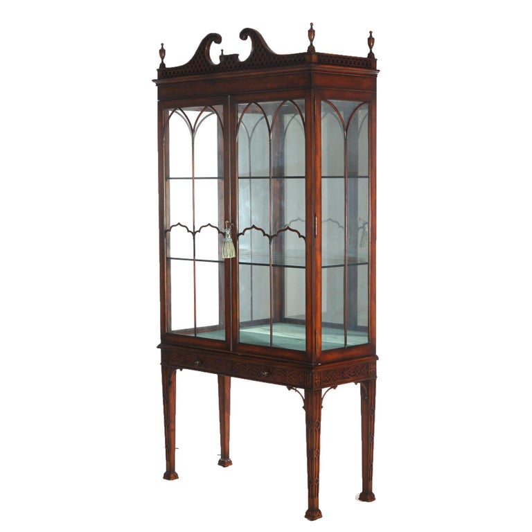 Chinese Chippendale Mahogany China Cabinet with Reticulated Crest 20thC