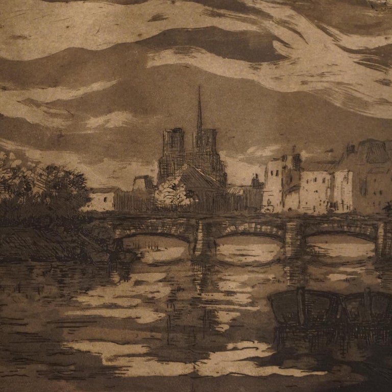 Antique French Cityscape Etching Signed Jean Charles Millet Circa 1920