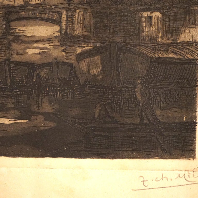 Antique French Cityscape Etching Signed Jean Charles Millet Circa 1920