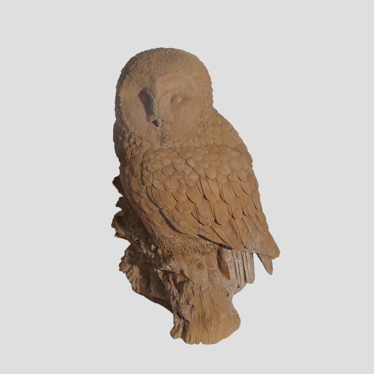Life Size Bronzed Finish Cast Hard Stone Great Horned Owl Garden Statue, 20th C
