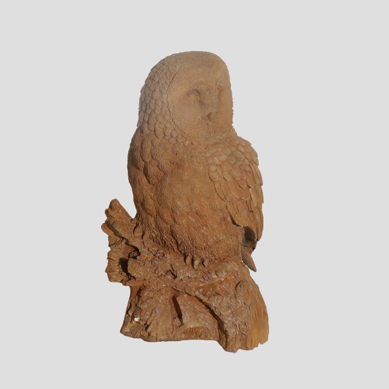 Life Size Bronzed Finish Cast Hard Stone Great Horned Owl Garden Statue, 20th C
