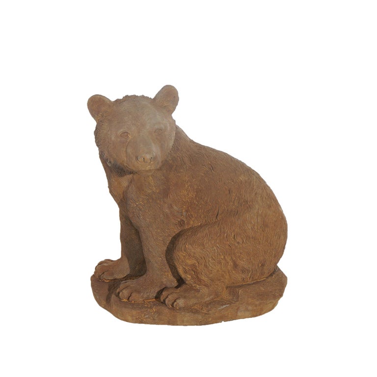 Bronzed Cast Hardstone Seated Black Bear Cub Garden Statue 20thC