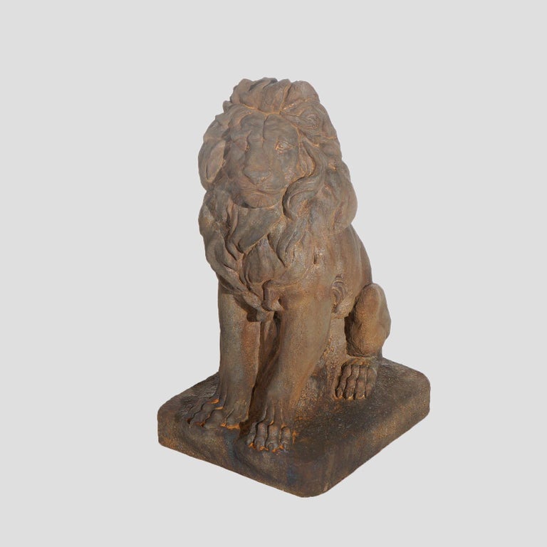Pair Of Bronzed Cast Hardstone Garden Lions 20thC