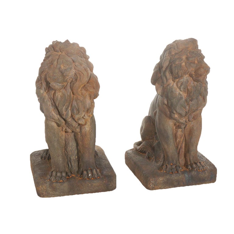 Pair Of Bronzed Cast Hardstone Garden Lions 20thC