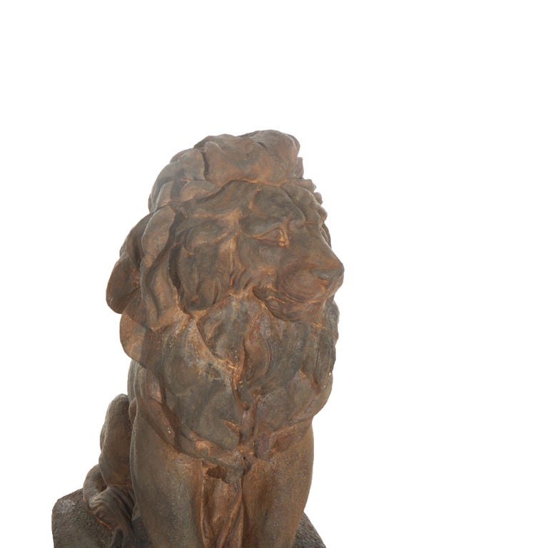 Pair Of Bronzed Cast Hardstone Garden Lions 20thC