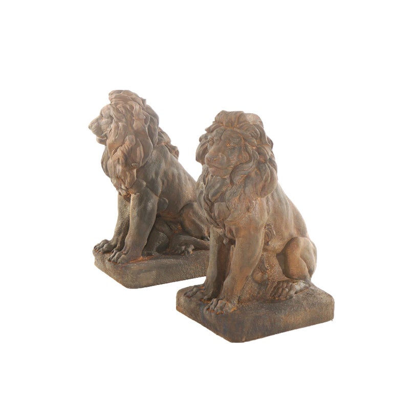 Pair Of Bronzed Cast Hardstone Garden Lions 20thC