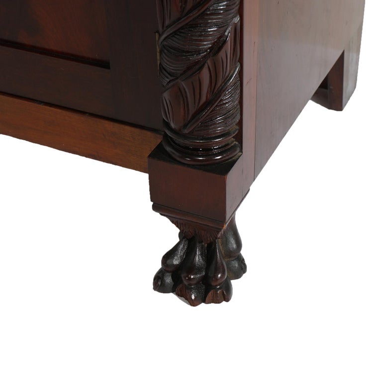 Antique Neoclassical American Empire Foliate Carved Flame Mahogany Stand c1900