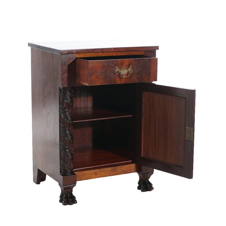 Antique Neoclassical American Empire Foliate Carved Flame Mahogany Stand c1900