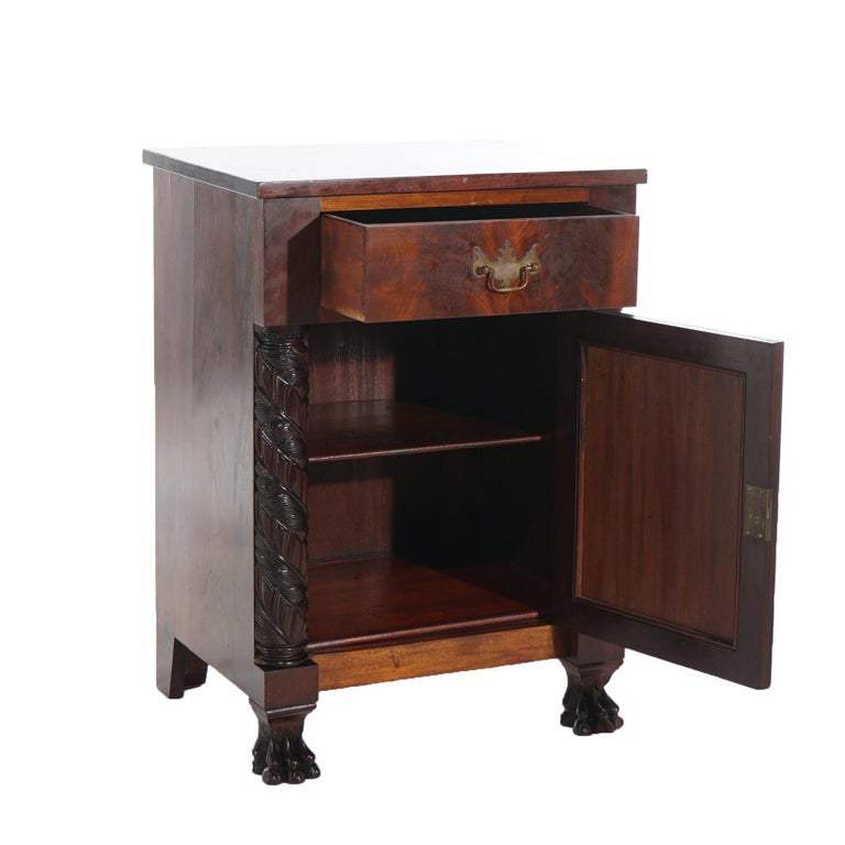 Antique Neoclassical American Empire Foliate Carved Flame Mahogany Stand c1900