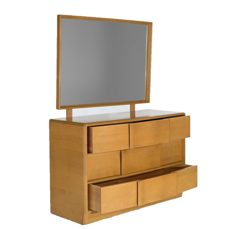 Mid Century Modern Heywood Wakefield Dresser & Mirror in Wheat, Circa 1950
