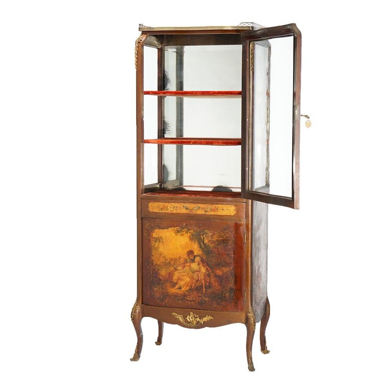 Antique French Vernis Martin Decorated Mahogany Vitrine, Circa 1890