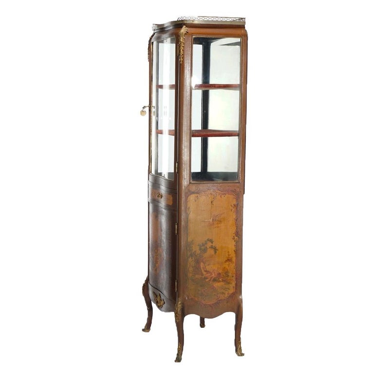 Antique French Vernis Martin Decorated Mahogany Vitrine, Circa 1890