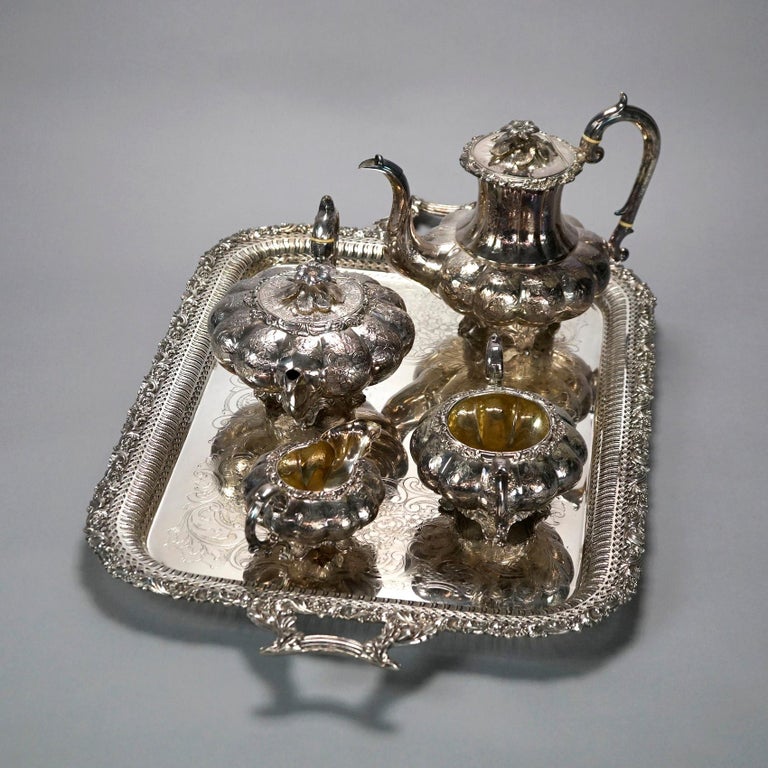 Antique English Silver Plate Four Piece Tea Set with Tray 19th C