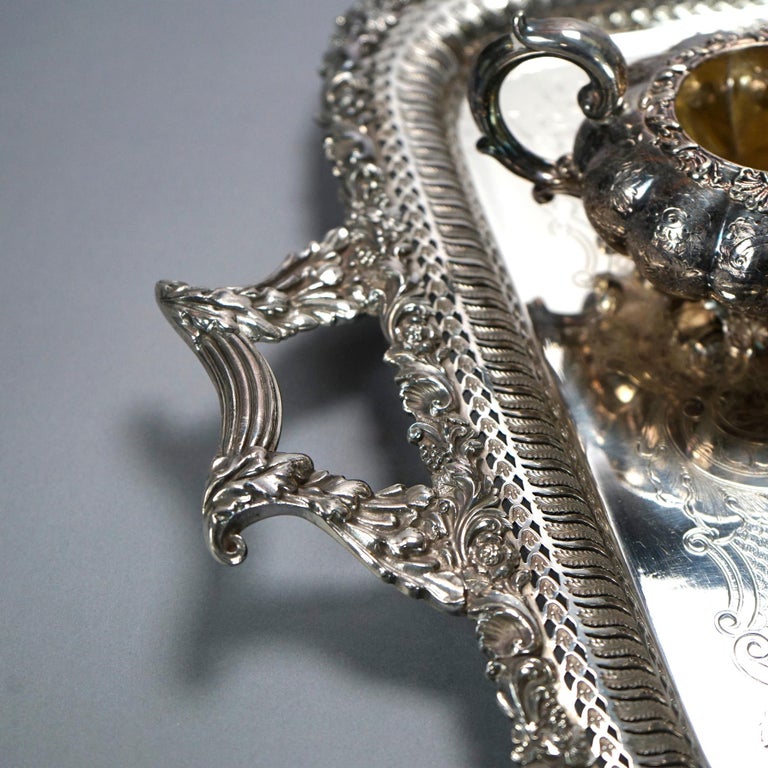 Antique English Silver Plate Four Piece Tea Set with Tray 19th C