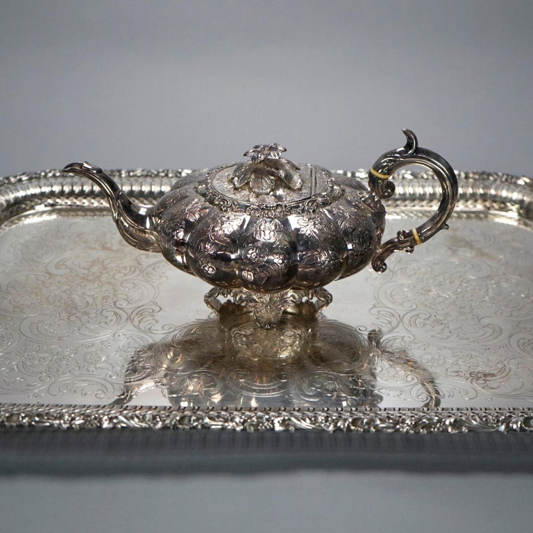 Antique English Silver Plate Four Piece Tea Set with Tray 19th C