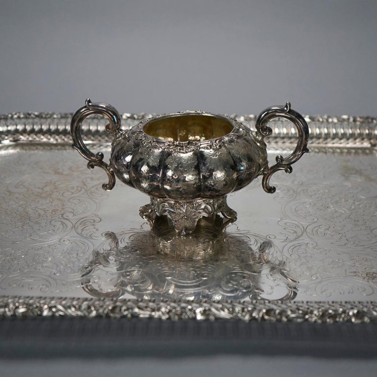 Antique English Silver Plate Four Piece Tea Set with Tray 19th C