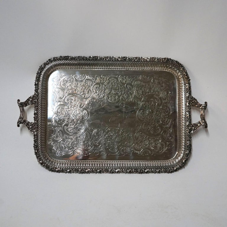 Antique English Silver Plate Four Piece Tea Set with Tray 19th C