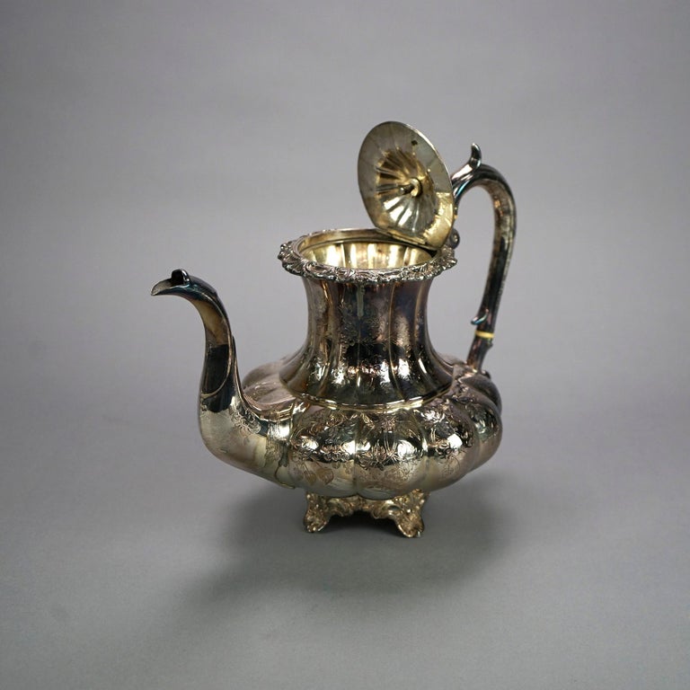 Antique English Silver Plate Four Piece Tea Set with Tray 19th C
