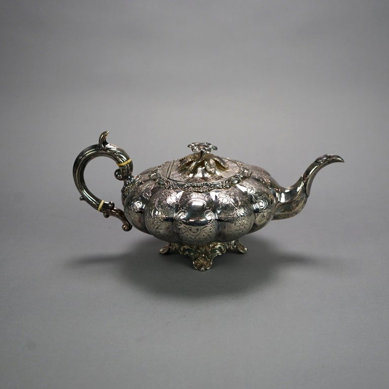 Antique English Silver Plate Four Piece Tea Set with Tray 19th C