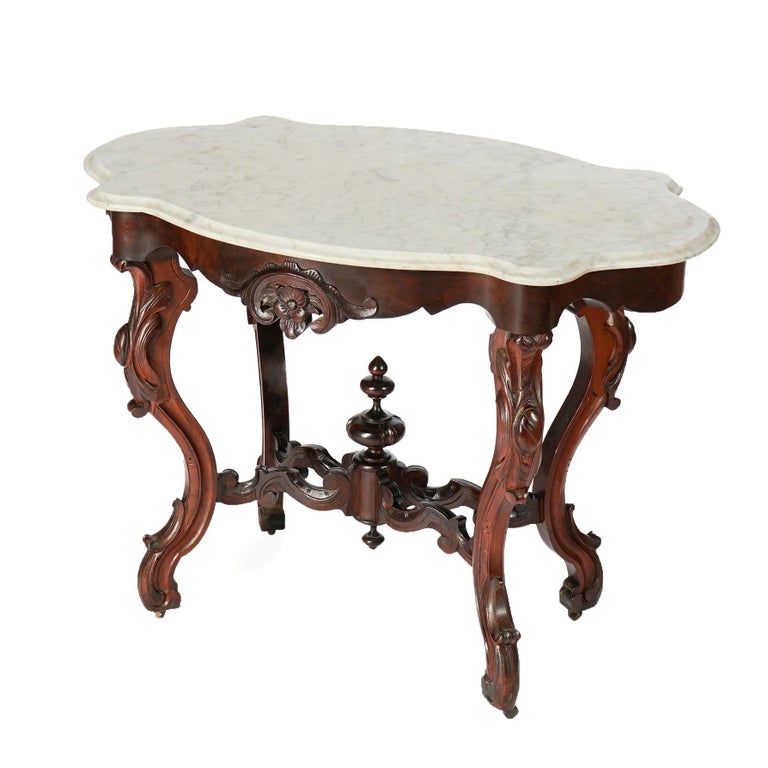 Antique Renaissance Revival Walnut, Rosewood & Marble Parlor Table c1890