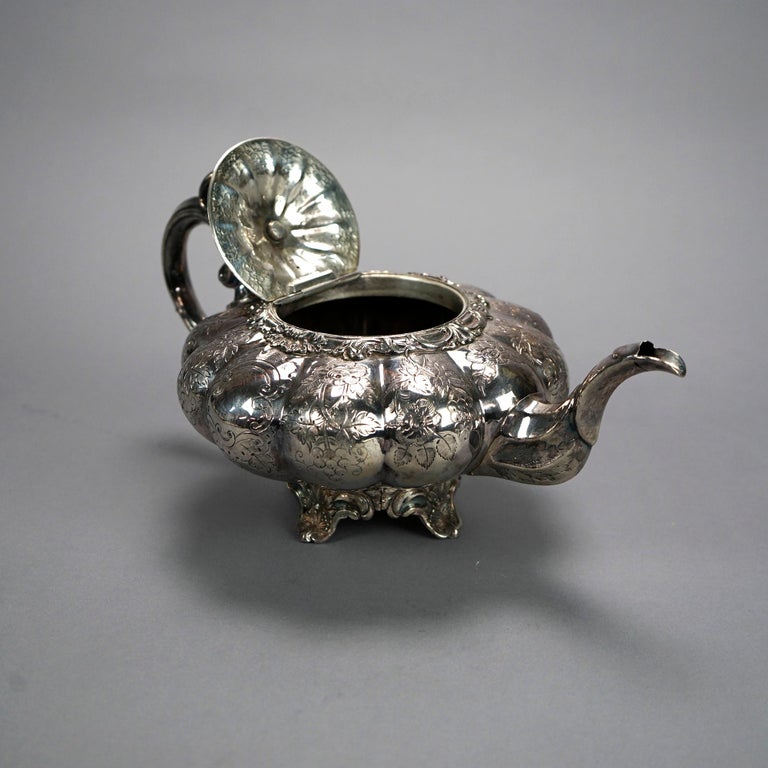 Antique English Silver Plate Four Piece Tea Set with Tray 19th C