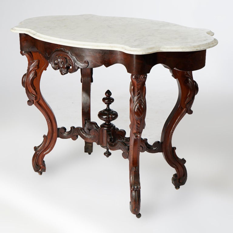 Antique Renaissance Revival Walnut, Rosewood & Marble Parlor Table c1890