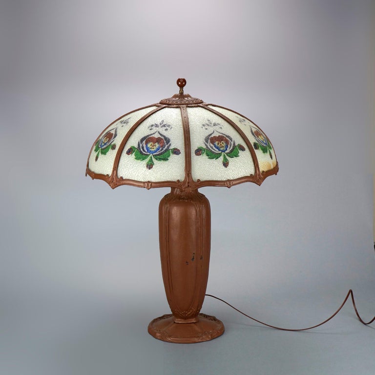 Oversized Antique Bradley & Hubbard School Reverse Painted Panel Lamp c1920