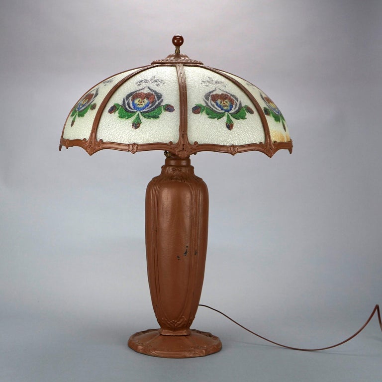 Oversized Antique Bradley & Hubbard School Reverse Painted Panel Lamp c1920