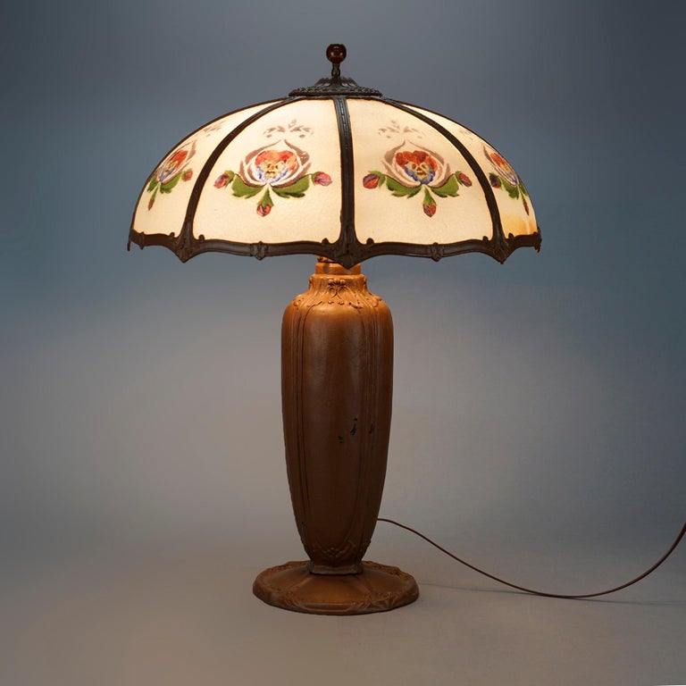 Oversized Antique Bradley & Hubbard School Reverse Painted Panel Lamp c1920