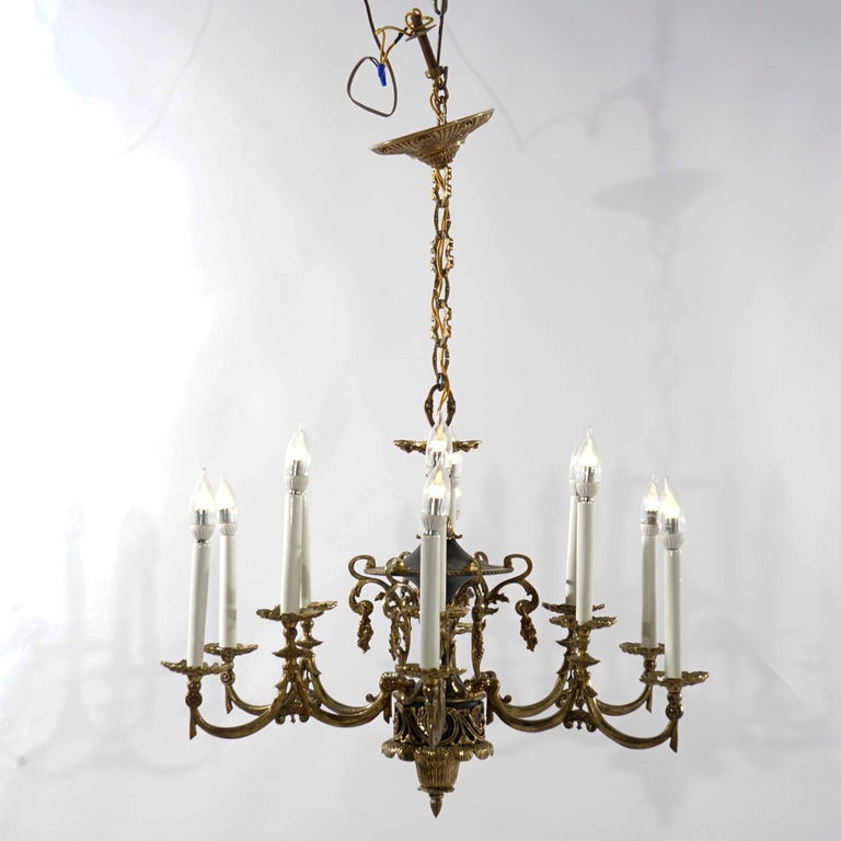 Antique French Empire Style Ebonized Bronze Twelve-Light Chandelier, Early 20thC