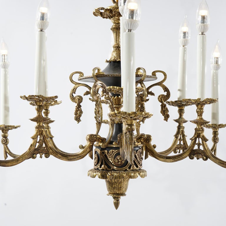 Antique French Empire Style Ebonized Bronze Twelve-Light Chandelier, Early 20thC