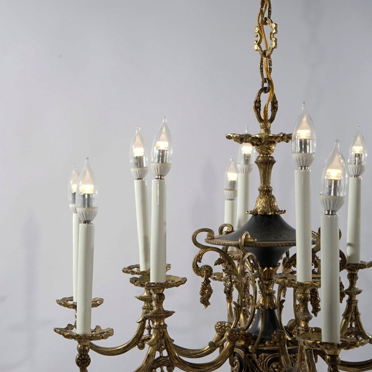 Antique French Empire Style Ebonized Bronze Twelve-Light Chandelier, Early 20thC