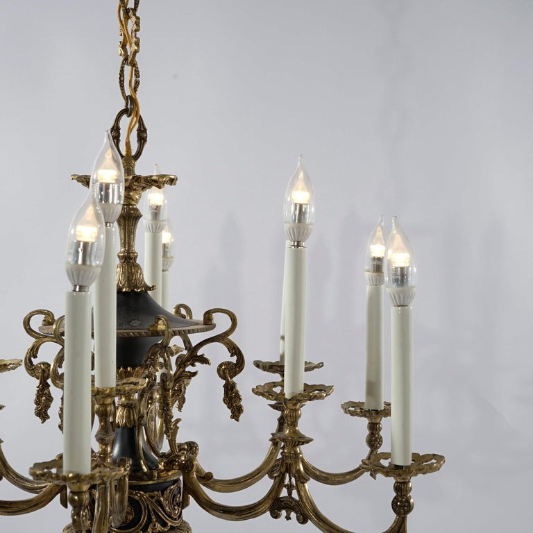 Antique French Empire Style Ebonized Bronze Twelve-Light Chandelier, Early 20thC