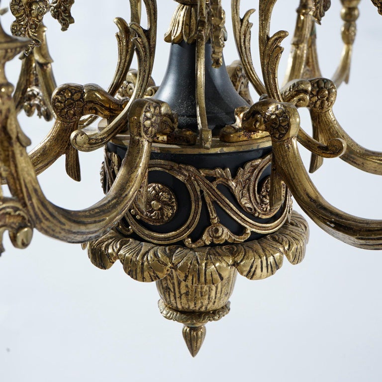 Antique French Empire Style Ebonized Bronze Twelve-Light Chandelier, Early 20thC
