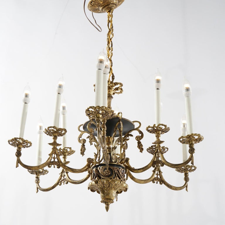 Antique French Empire Style Ebonized Bronze Twelve-Light Chandelier, Early 20thC