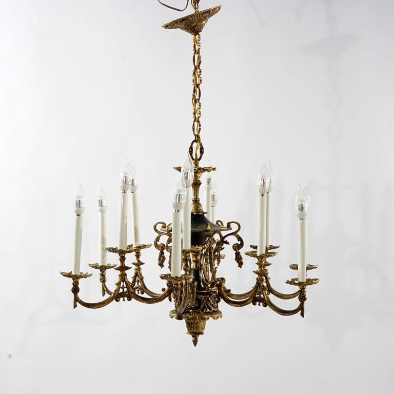 Antique French Empire Style Ebonized Bronze Twelve-Light Chandelier, Early 20thC