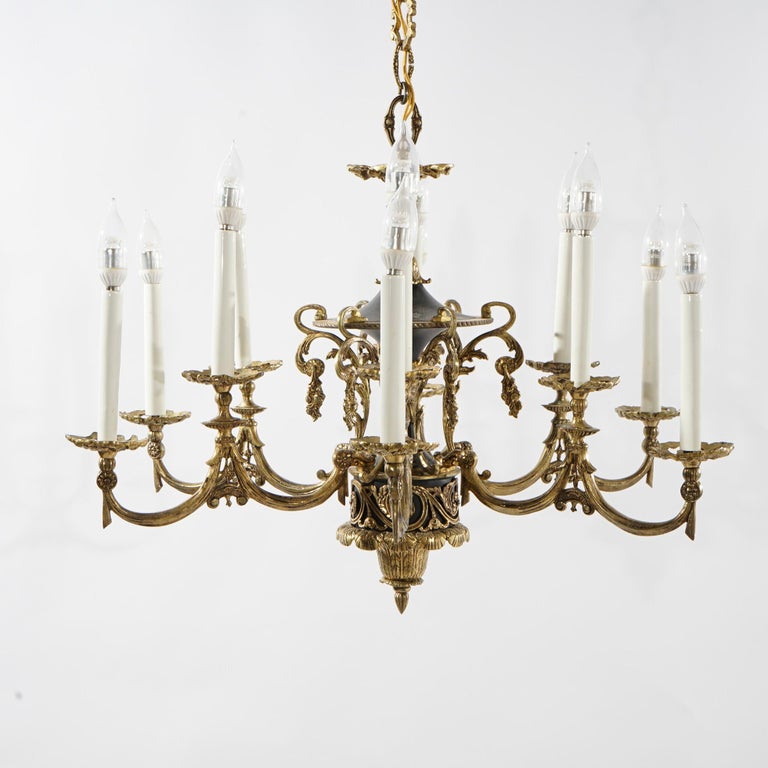 Antique French Empire Style Ebonized Bronze Twelve-Light Chandelier, Early 20thC