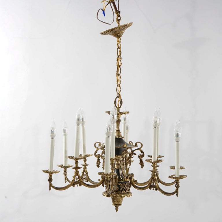 Antique French Empire Style Ebonized Bronze Twelve-Light Chandelier, Early 20thC